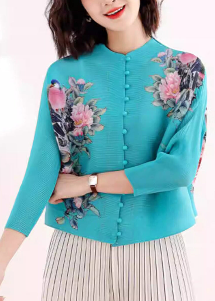 New Black Stand Collar Print Wrinkled Silk Tops Fall
