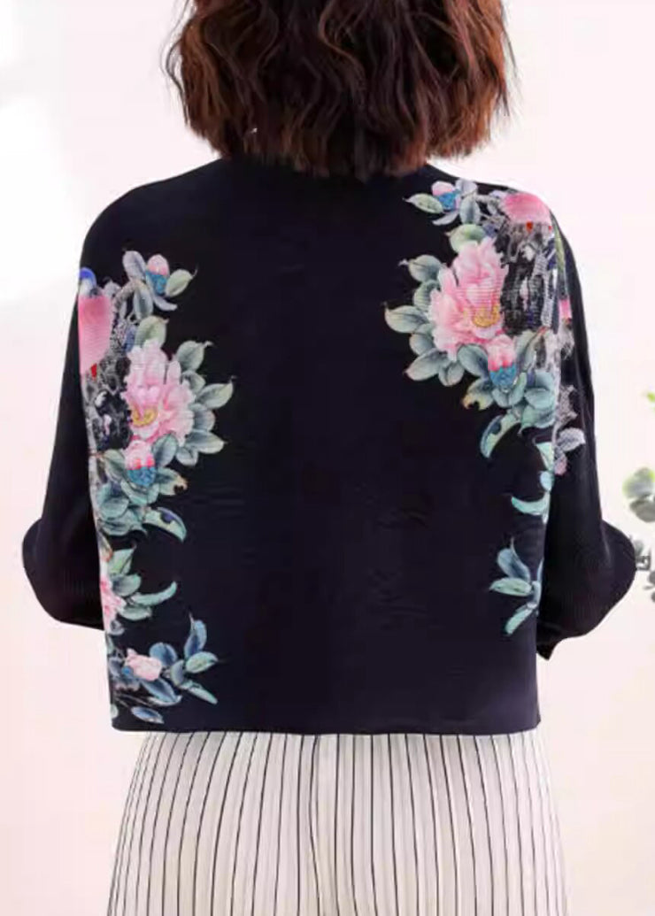 New Black Stand Collar Print Wrinkled Silk Tops Fall