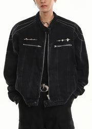 New Black Stand Collar Zip Up Pockets Denim Mens Coats Fall