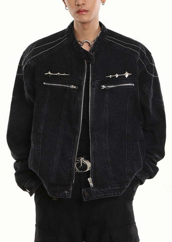New Black Stand Collar Zip Up Pockets Denim Mens Coats Fall