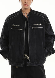 New Black Stand Collar Zip Up Pockets Denim Mens Coats Fall