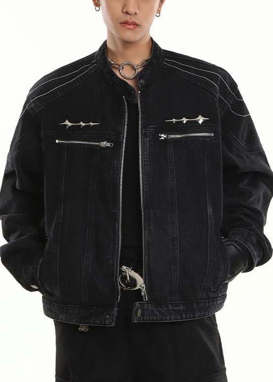 New Black Stand Collar Zip Up Pockets Denim Mens Coats Fall