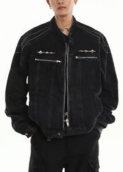 New Black Stand Collar Zip Up Pockets Denim Mens Coats Fall