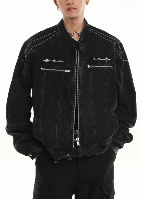 New Black Stand Collar Zip Up Pockets Denim Mens Coats Fall