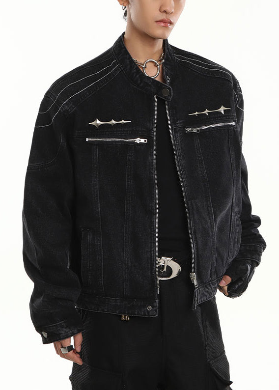 New Black Stand Collar Zip Up Pockets Denim Mens Coats Fall