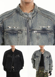 New Black Stand Collar Zip Up Pockets Denim Mens Coats Fall