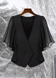 New Black V Neck Button Chiffon Patchwork Coat Butterfly Sleeve