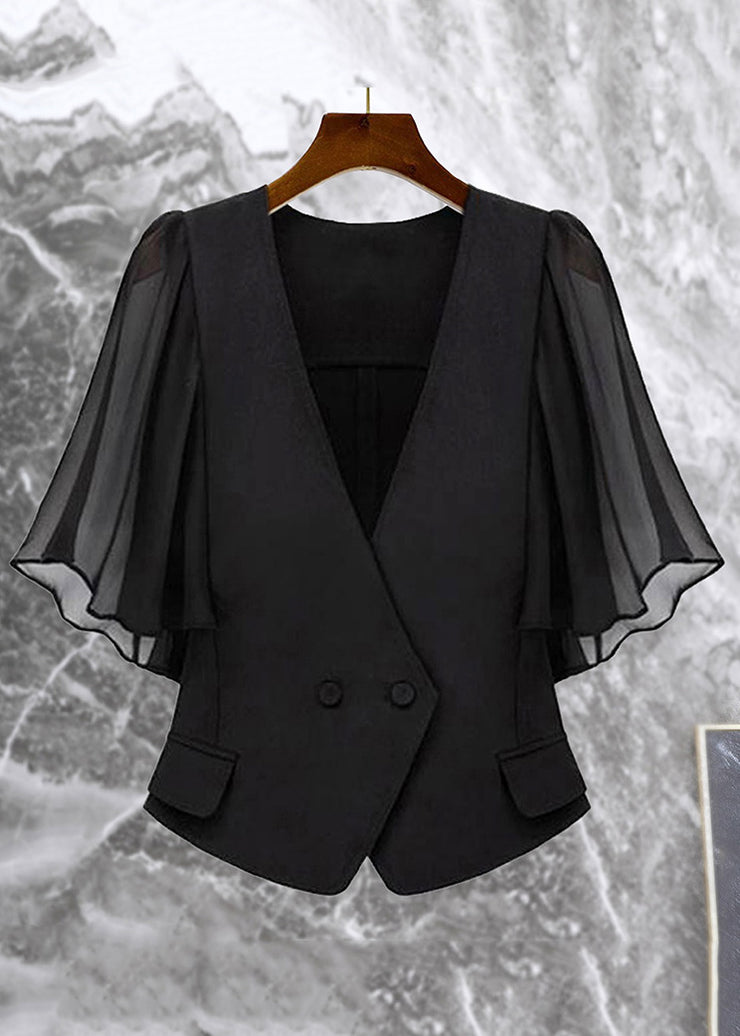 New Black V Neck Button Chiffon Patchwork Coat Butterfly Sleeve