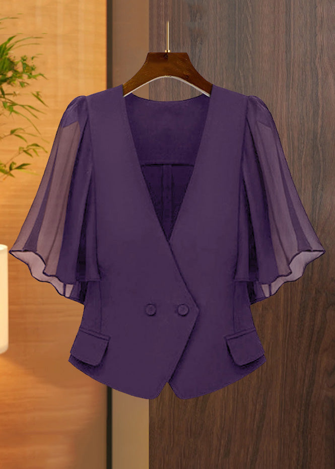 New Black V Neck Button Chiffon Patchwork Coat Butterfly Sleeve