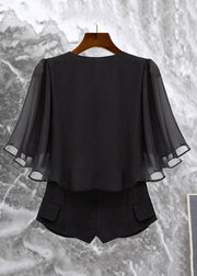 New Black V Neck Button Chiffon Patchwork Coat Butterfly Sleeve