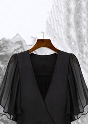 New Black V Neck Button Chiffon Patchwork Coat Butterfly Sleeve