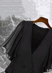 New Black V Neck Button Chiffon Patchwork Coat Butterfly Sleeve