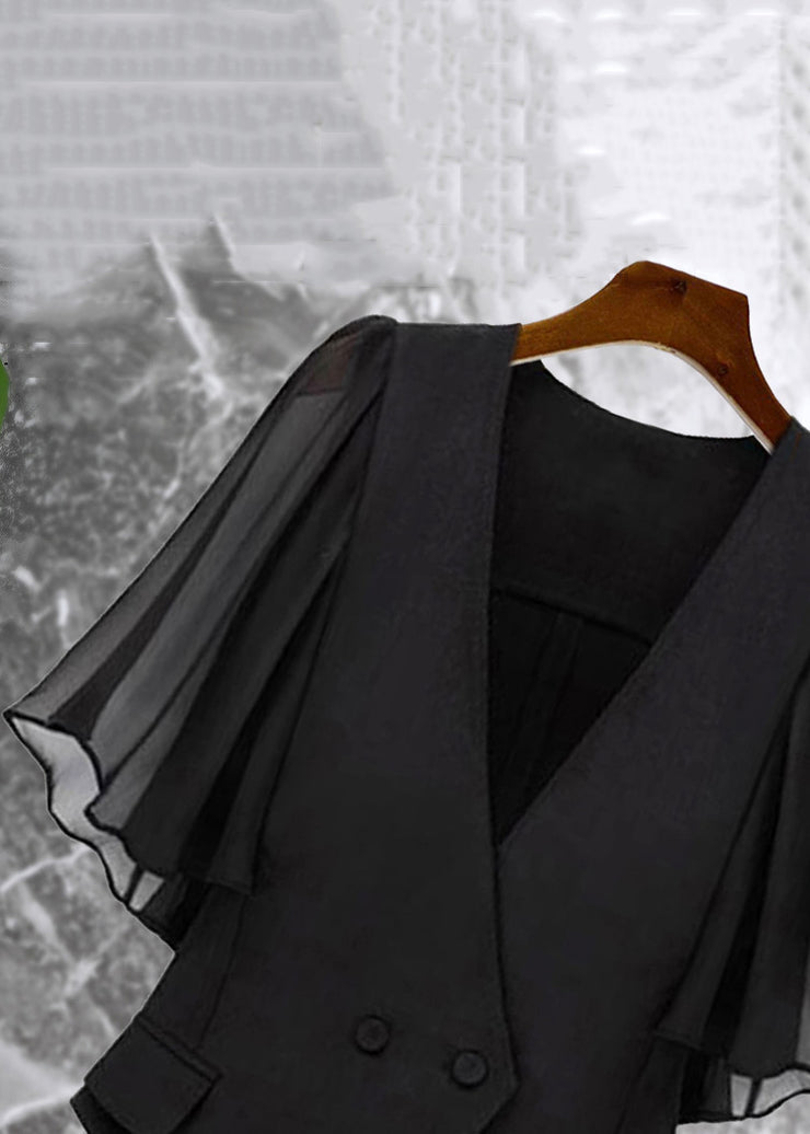 New Black V Neck Button Chiffon Patchwork Coat Butterfly Sleeve