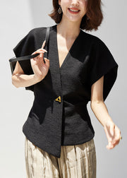 New Black V Neck Button Spandex Top Summer