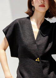 New Black V Neck Button Spandex Top Summer