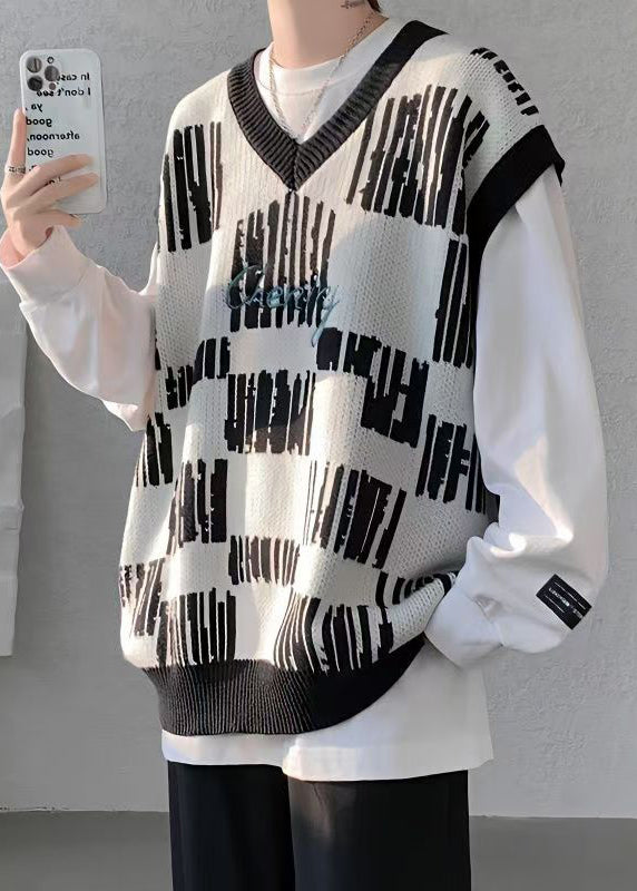 New Black V Neck Cozy Patchwork Knit Mens Vest Sleeveless