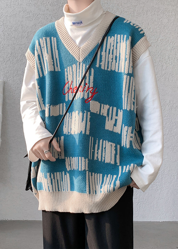 New Black V Neck Cozy Patchwork Knit Mens Vest Sleeveless