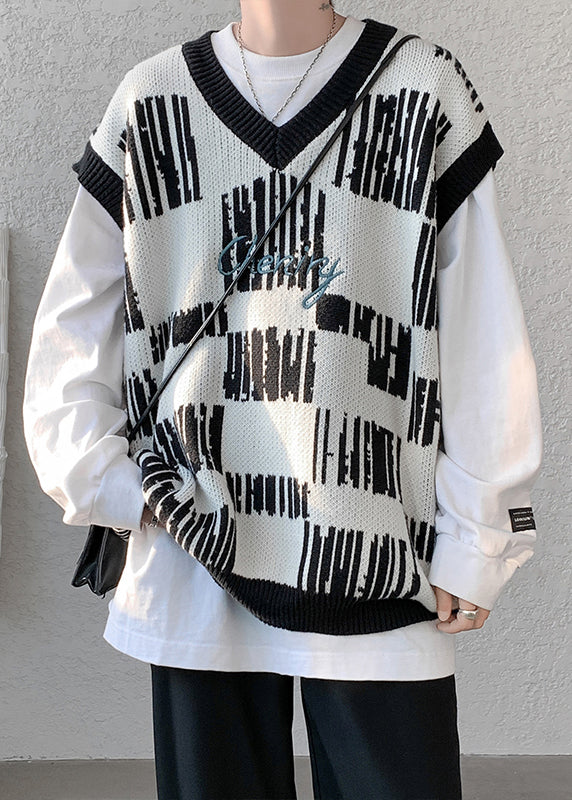 New Black V Neck Cozy Patchwork Knit Mens Vest Sleeveless