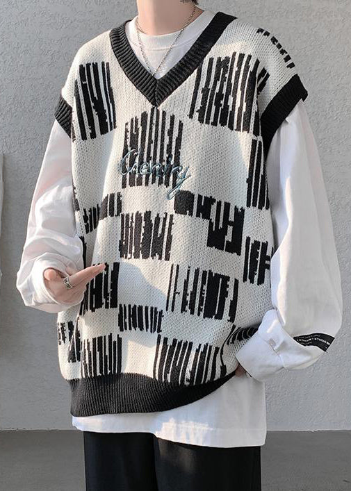 New Black V Neck Cozy Patchwork Knit Mens Vest Sleeveless