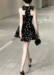 New Black V Neck Dot Bow Cotton Mid Dress Sleeveless