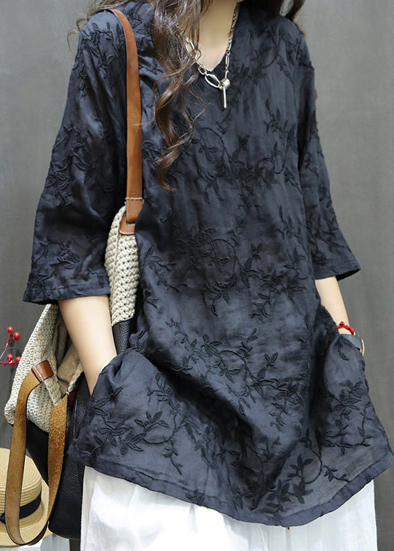 New Black V Neck Embroidered Linen Mid Dresses Summer