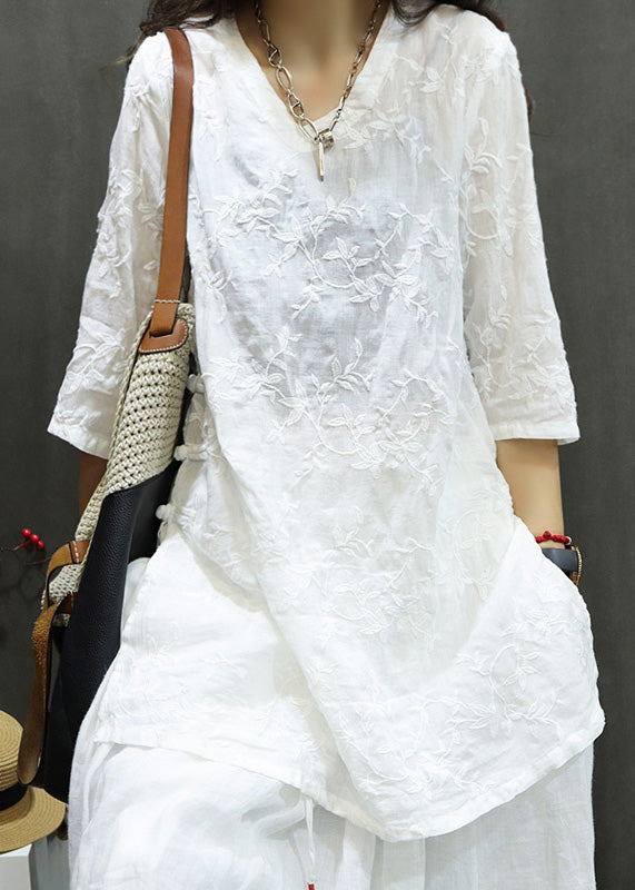 New Black V Neck Embroidered Linen Mid Dresses Summer