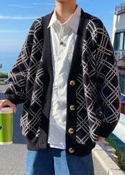 New Black V Neck Plaid Button Knit Men Cardigans Spring