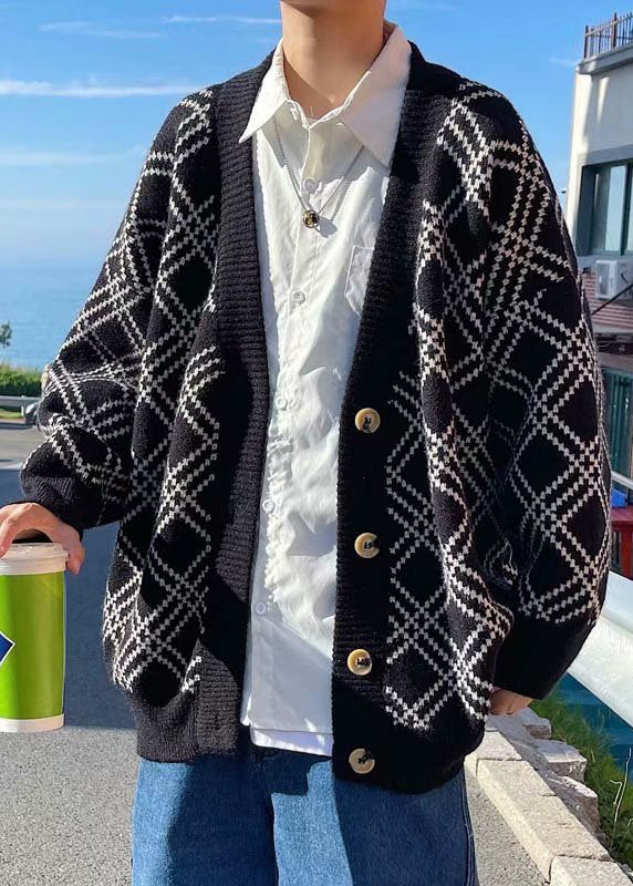 New Black V Neck Plaid Button Knit Men Cardigans Spring