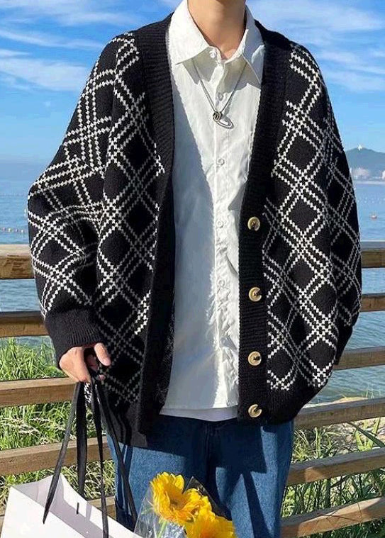 New Black V Neck Plaid Button Knit Men Cardigans Spring