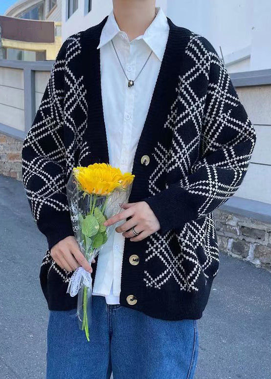 New Black V Neck Plaid Button Knit Men Cardigans Spring