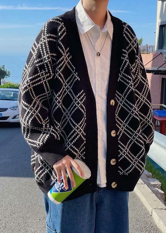 New Black V Neck Plaid Button Knit Men Cardigans Spring