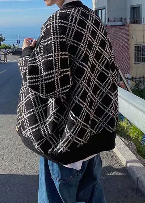 New Black V Neck Plaid Button Knit Men Cardigans Spring