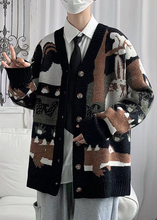 New Black V Neck Print Button Cotton Knit Men Cardigan Spring