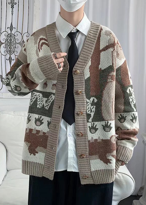 New Black V Neck Print Button Cotton Knit Men Cardigan Spring