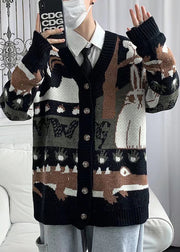 New Black V Neck Print Button Cotton Knit Men Cardigan Spring