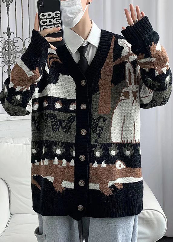 New Black V Neck Print Button Cotton Knit Men Cardigan Spring