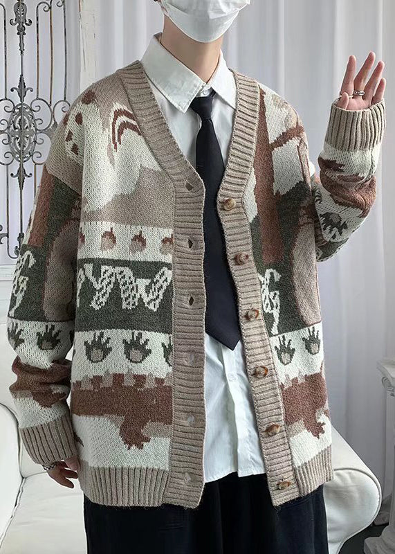 New Black V Neck Print Button Cotton Knit Men Cardigan Spring