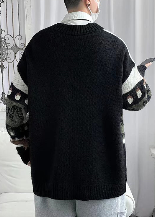 New Black V Neck Print Button Cotton Knit Men Cardigan Spring