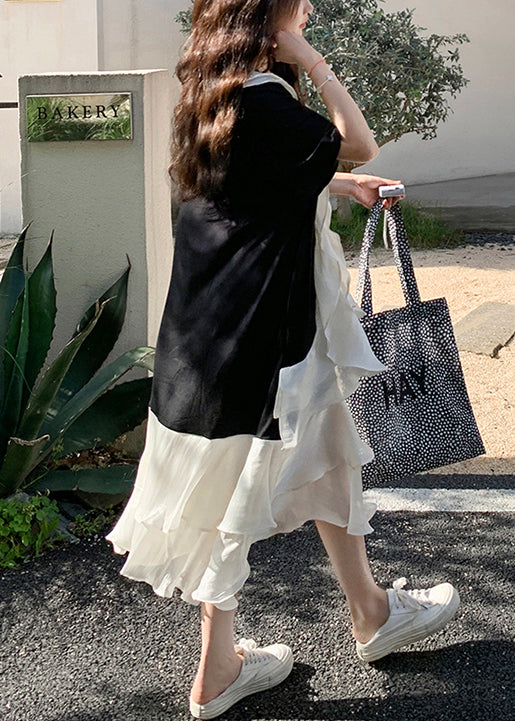 New Black V Neck Ruffled Patchwork Cotton Long Dresses Summer