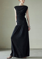 New Black Wrinkled Solid Silk Cotton Two Piece Set Sleeveless