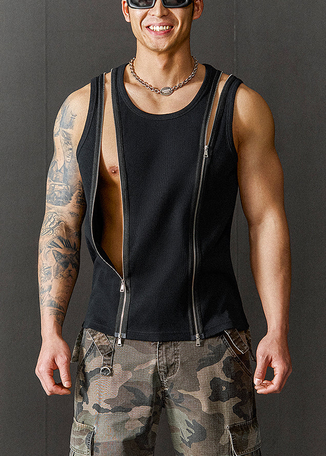 New Black Zip Up Original Design Cotton Men Tank Summer