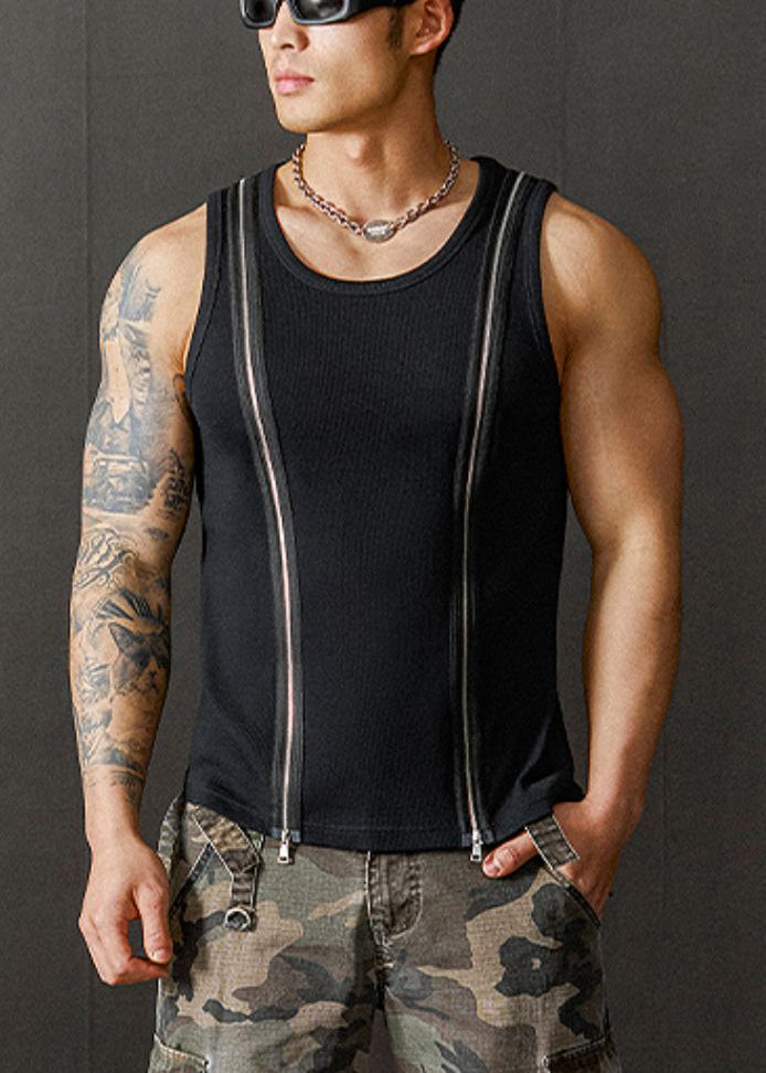 New Black Zip Up Original Design Cotton Men Tank Summer