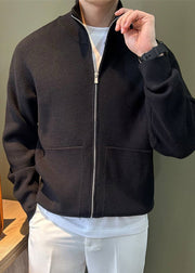 New Black Zip Up Pockets Knit Mens Coats Spring