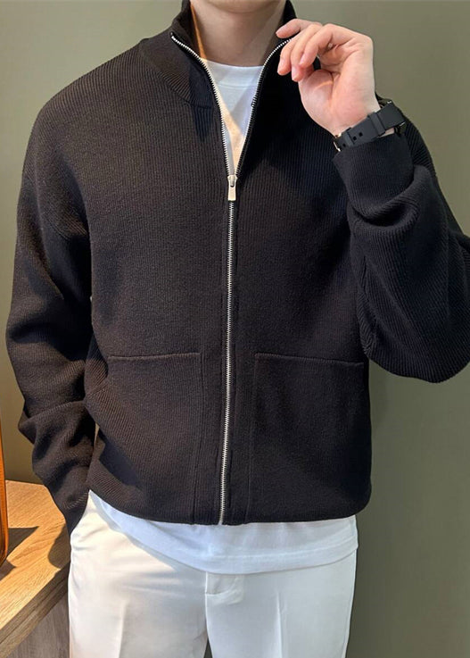 New Black Zip Up Pockets Knit Mens Coats Spring