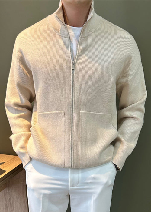 New Black Zip Up Pockets Knit Mens Coats Spring