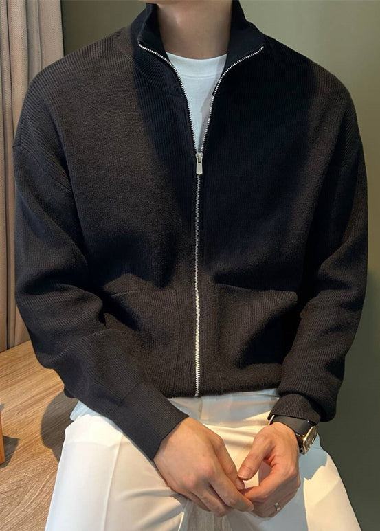 New Black Zip Up Pockets Knit Mens Coats Spring