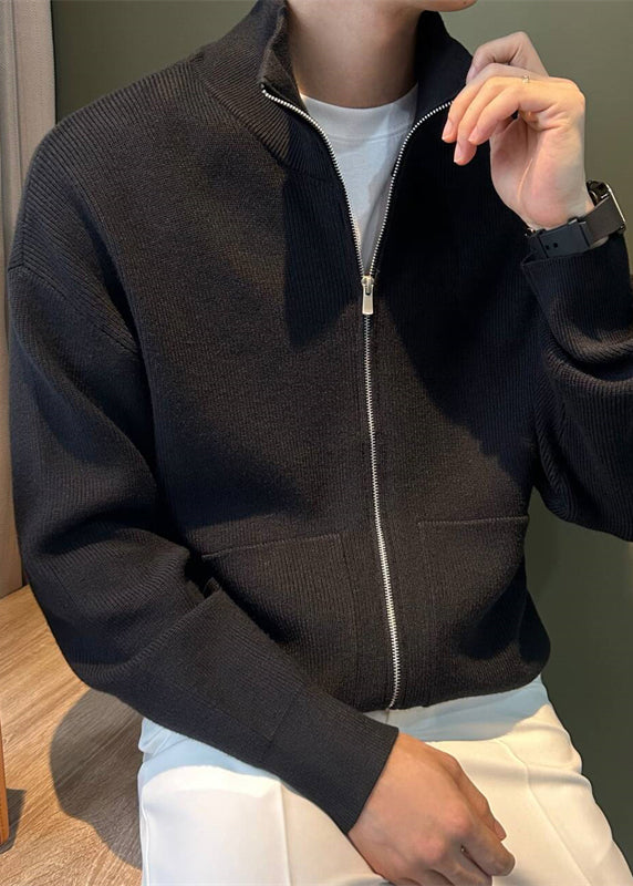 New Black Zip Up Pockets Knit Mens Coats Spring