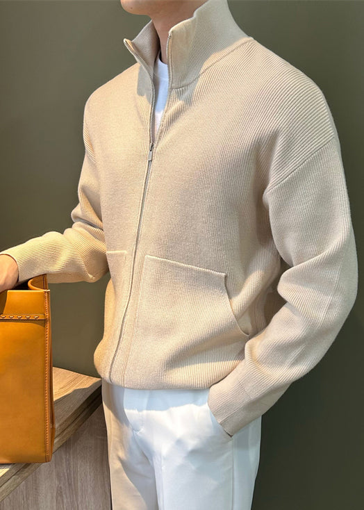 New Black Zip Up Pockets Knit Mens Coats Spring