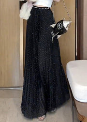 New Black Zircon Wrinkled Tulle Maxi Skirts Summer