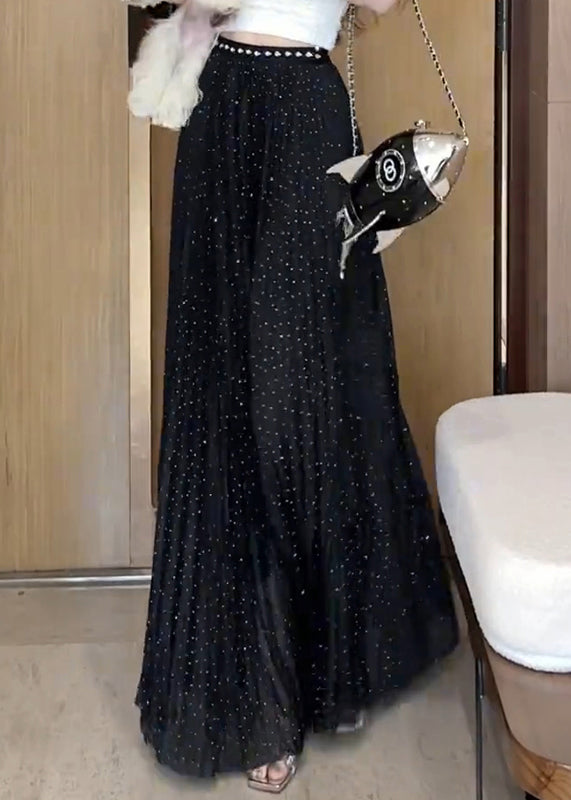New Black Zircon Wrinkled Tulle Maxi Skirts Summer